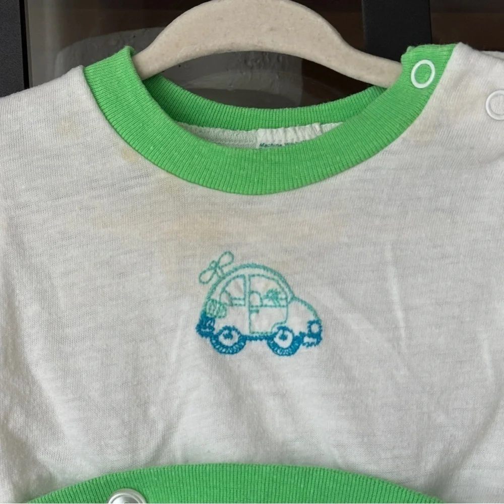 1980s Vintage Toddle Time set baby boy cars embroidered neon romper onesie short